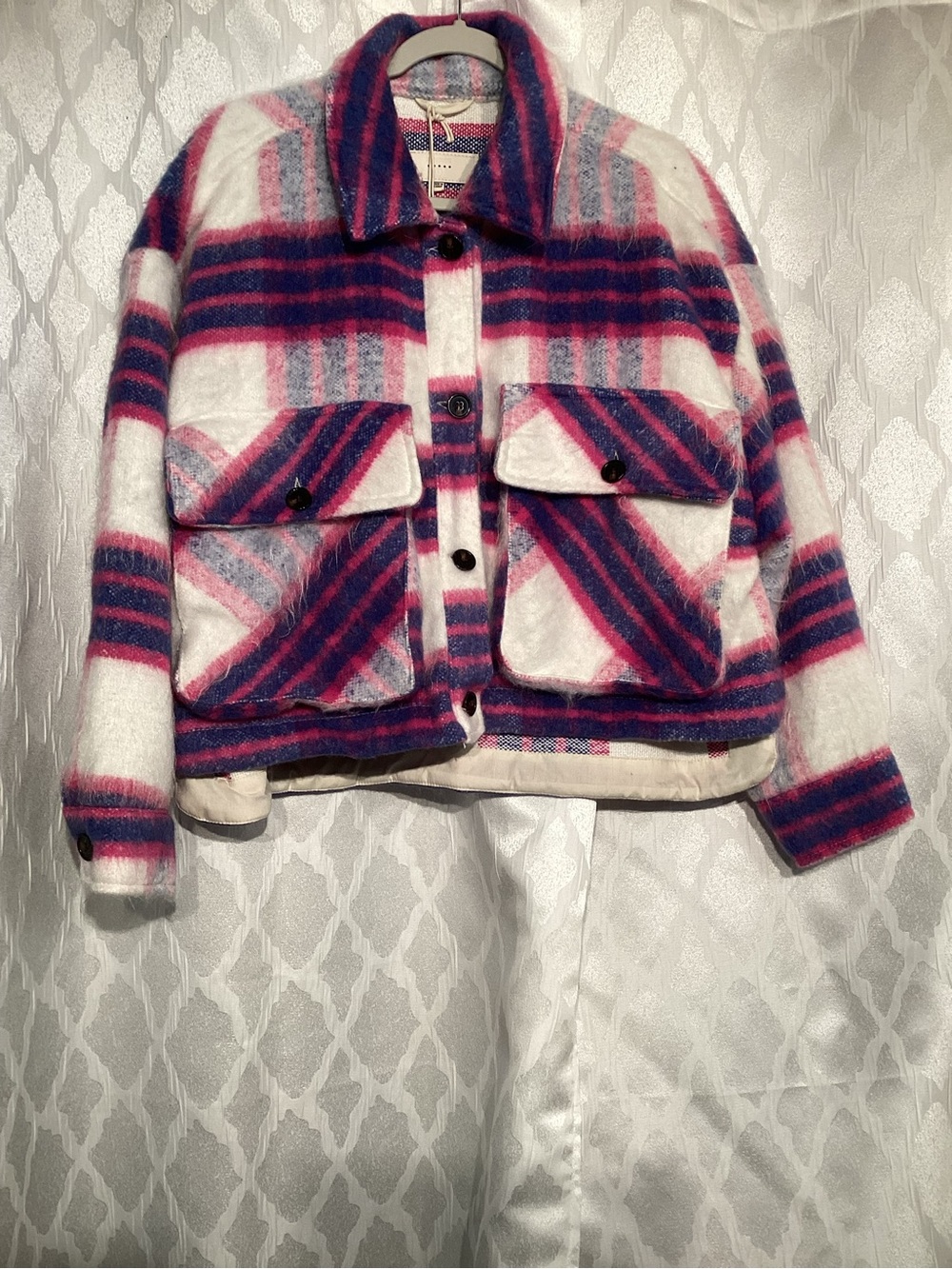 Blank NYC White Plaid Utility Jacket with Pink & Blue Stripes
